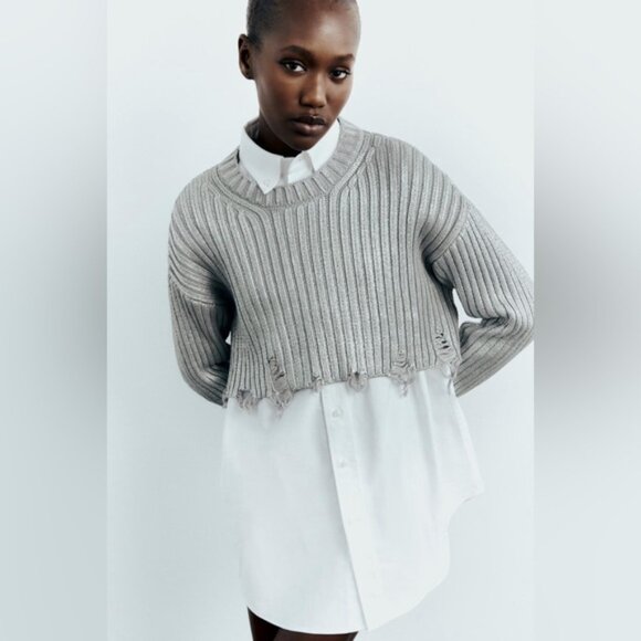 Zara ZW Collection CONTRAST TRIM KNITTED POLO SWEATER Silver / Metallic Size L - Picture 6 of 16